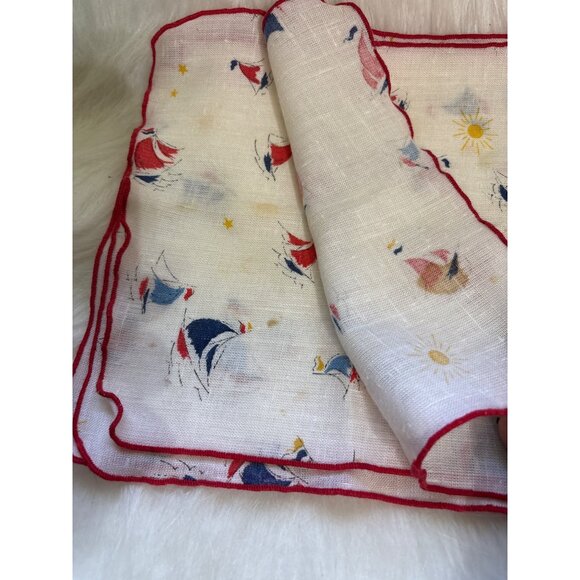 Vintage Nautical Print Handkerchief With Red Trim & Sailboat Design 4 - Picture 3 of 6